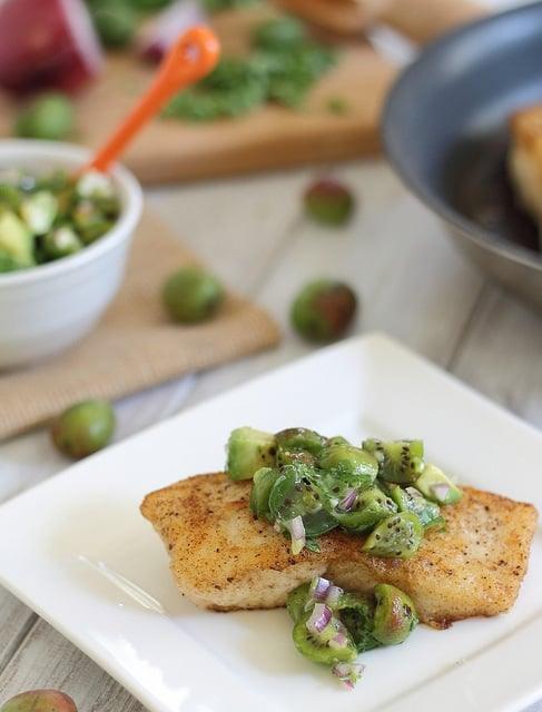 Pan fried halibut with kiwi berry salsa