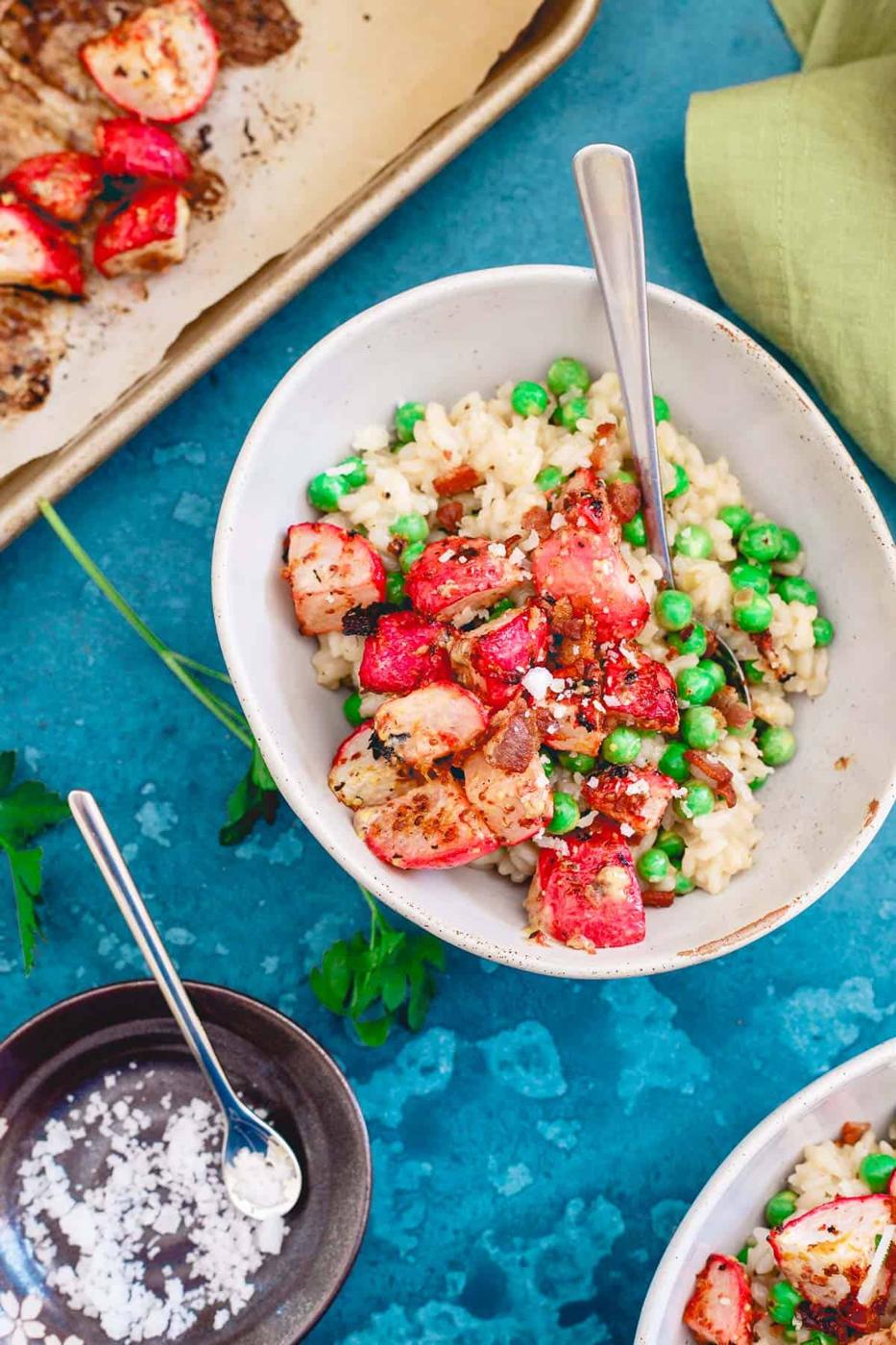 Comfort food isn't just for winter, try a bowl of this pea and radish risotto for some cozy spring inspired deliciousness!