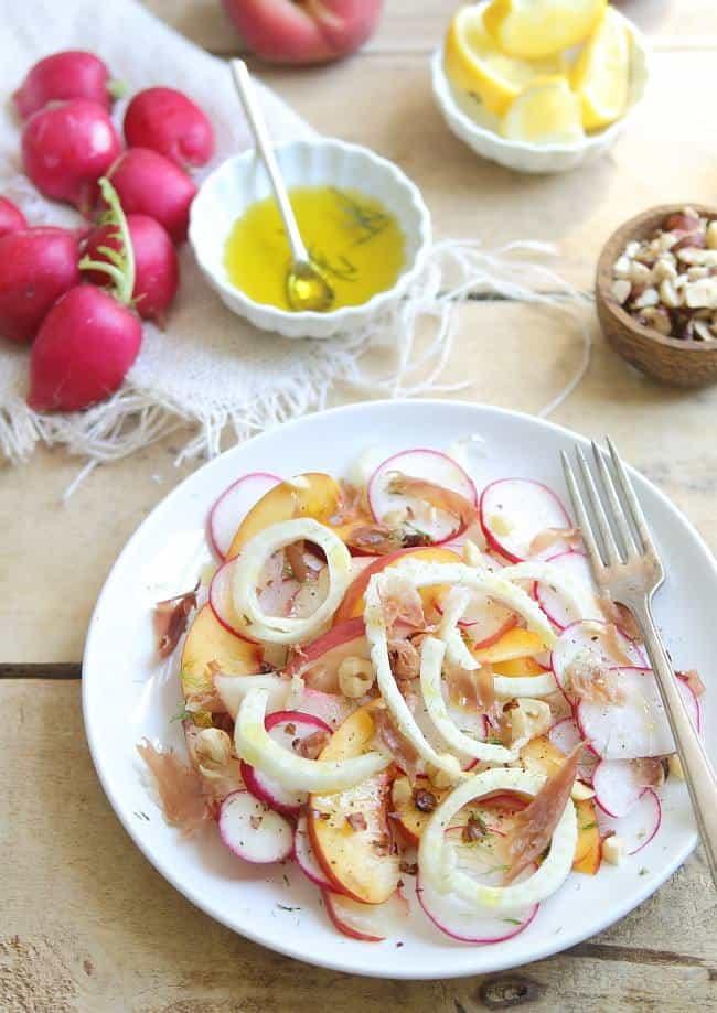 Peach and radish salad with crispy prosciutto