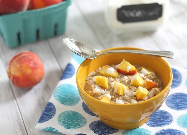Fresh ripe peaches and coconut milk make this a healthier version of the classic peaches and cream oatmeal.