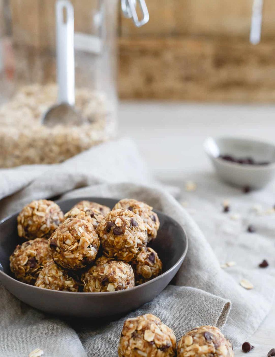 Wholesome, real food ingredients are the secret behind these tasty no bake peanut butter chocolate chip balls. Perfect for snacking or satisfying that sweet tooth!
