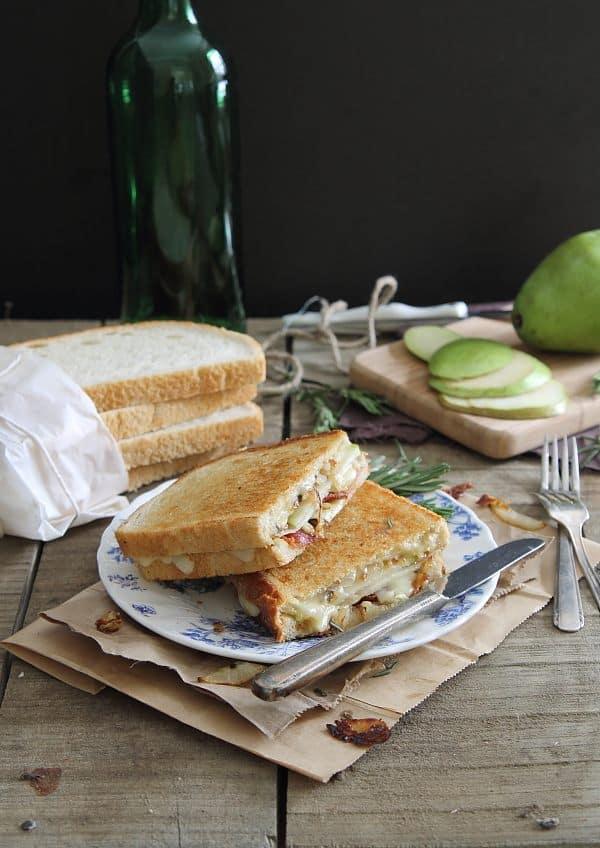 Pear Bacon and Brie Grilled Cheese with caramelized onions