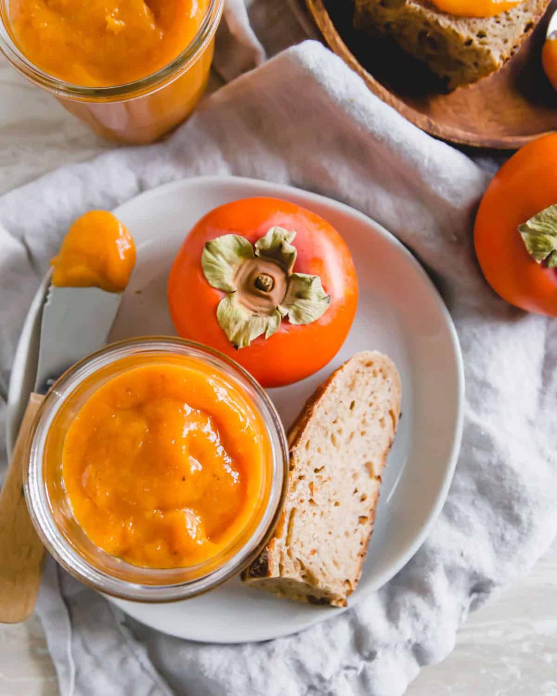 Simple persimmon jam with a hint of vanilla. Made without any additional sugar or pectin.