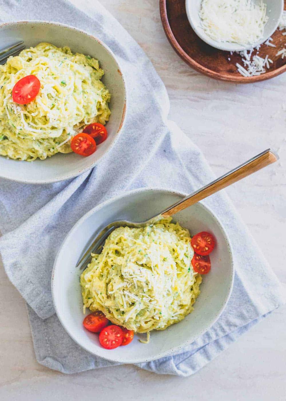 This pesto spaghetti squash has all the decadence of a creamy pasta dish without the guilt.