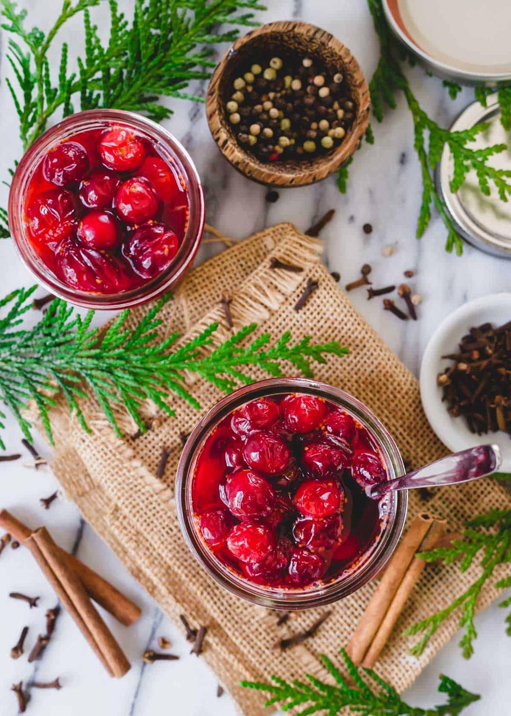 Pickled cranberries with cinnamon, cloves and ginger.