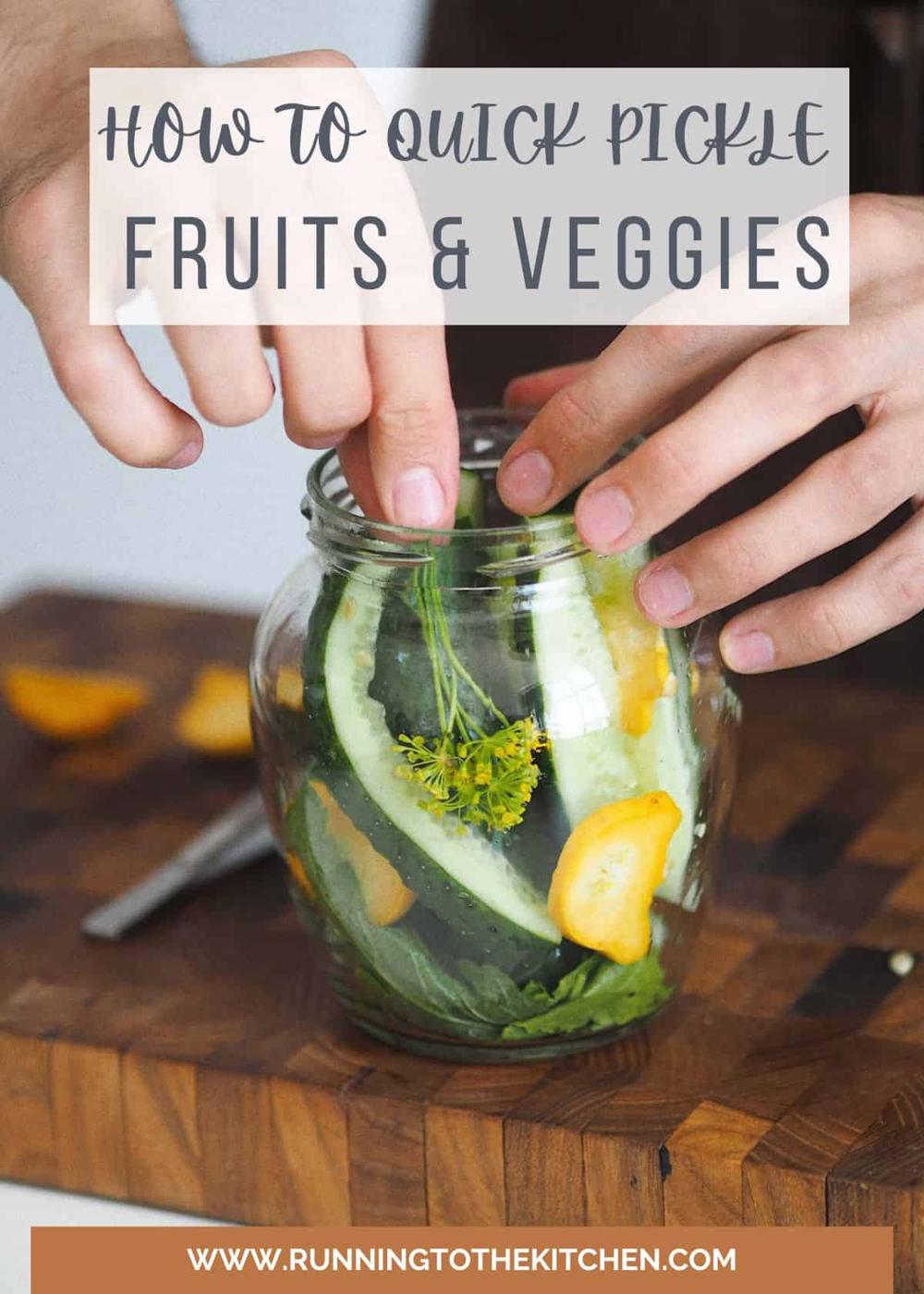 Assembling cucumbers and squash in a glass jar to pickle.