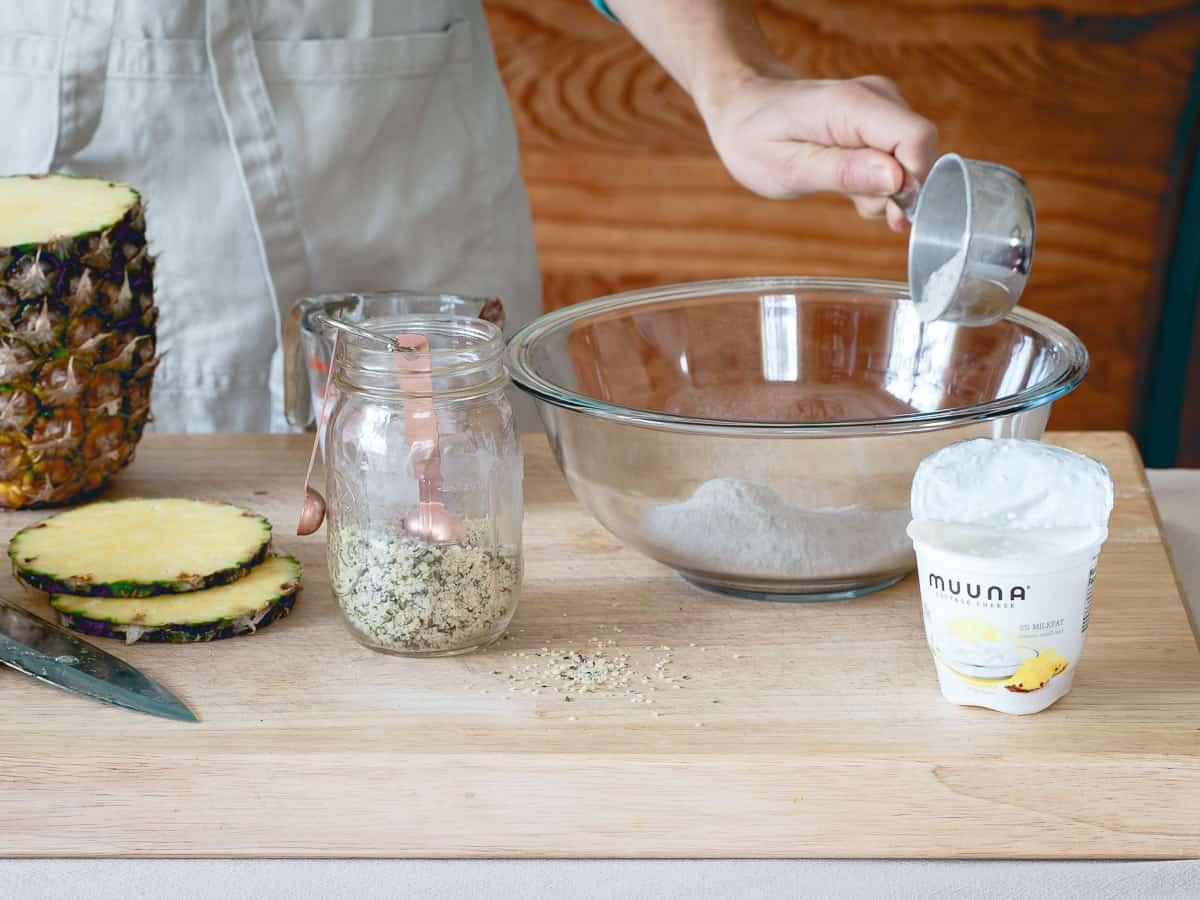 Muuna pineapple cottage cheese is the secret ingredient to these protein packed buckwheat pancakes.