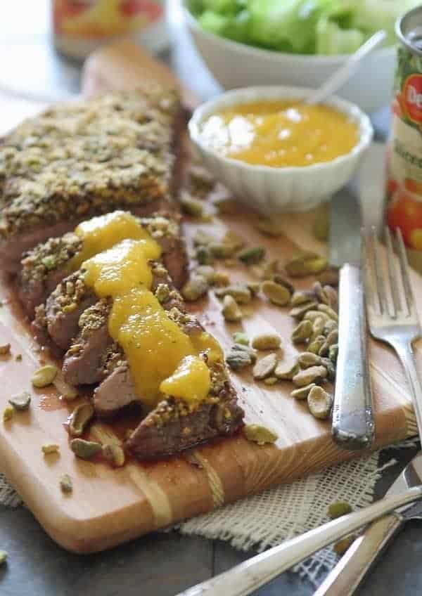 Pistachio Crusted Flank Steak with Peach Puree