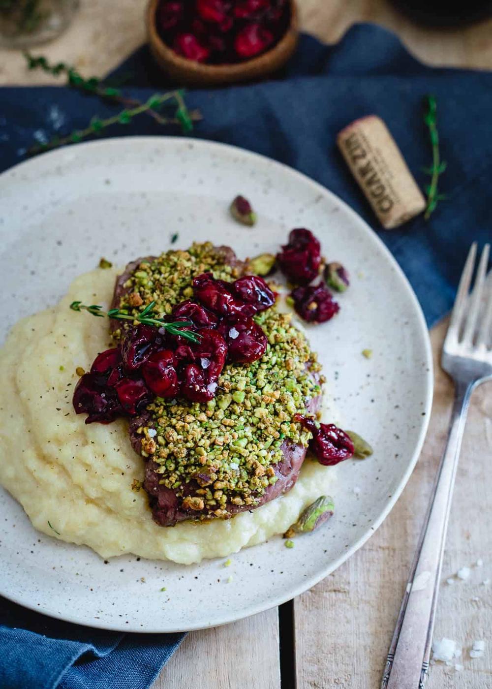 Pistachio Crusted Lamb Chops with Red Wine Cherries