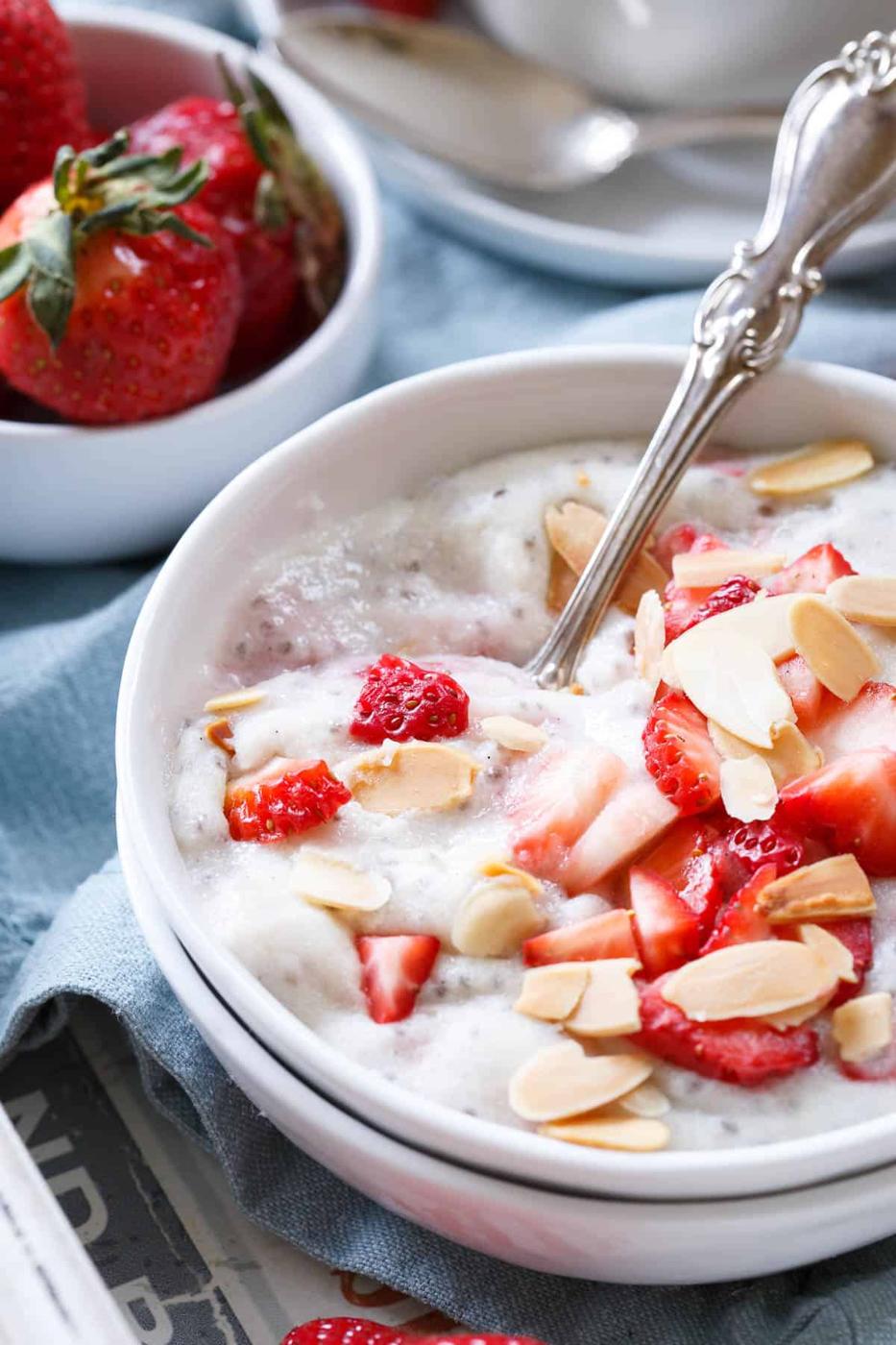 Start the day with this protein packed polenta breakfast bowl made with creamy coconut milk and filled with juicy ripe spring strawberries.