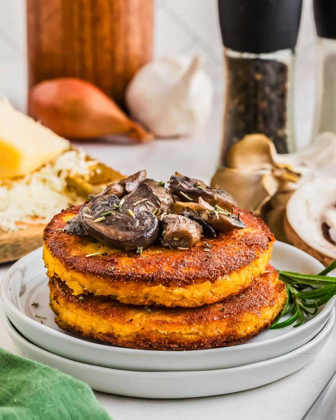 A plate with two golden, crispy polenta cakes topped with sautéed mushrooms. In the background, there are ingredients like grated cheese, garlic, mushrooms, and seasoning containers, creating a rustic kitchen setting.