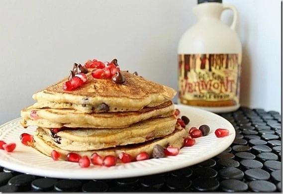 Try a stack of these pomegranate pancakes with chocolate chips this winter season.