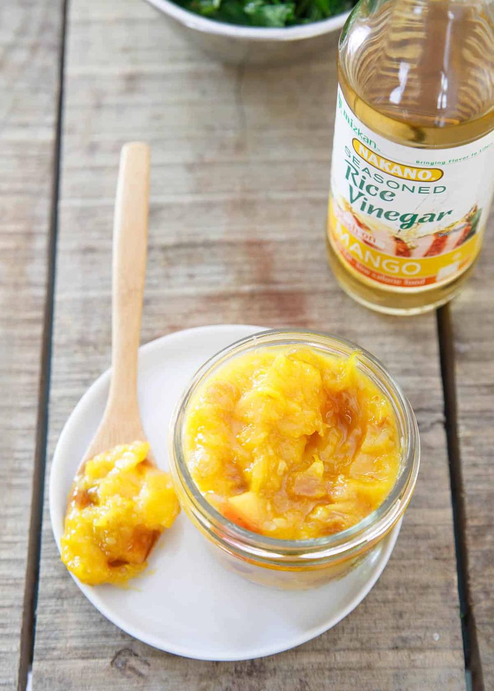 Mango Peach Chutney makes a great topping for these spice rubbed grilled pork chops.