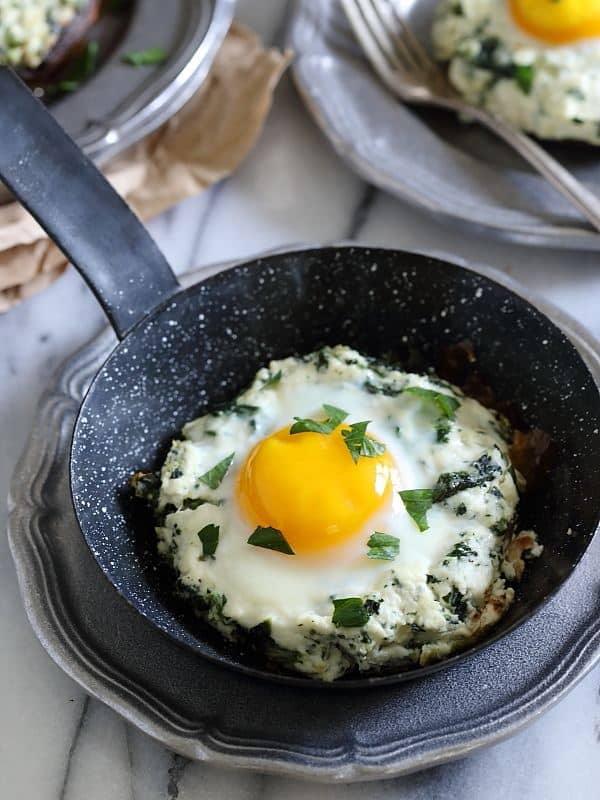 These portobello mushrooms are stuffed with a ricotta spinach mixture and finished with a runny egg that's baked right on top.