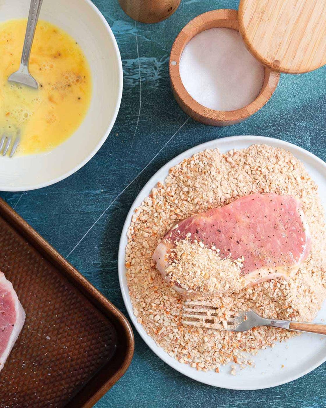 Easy pretzel coated baked pork chops