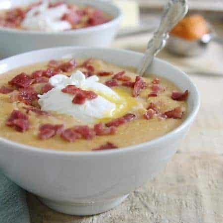 Pumpkin Bacon Grits with Poached Eggs
