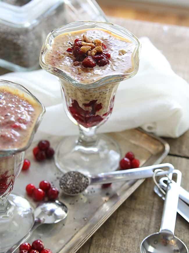 Pumpkin pie chia pudding parfaits with cranberry sauce