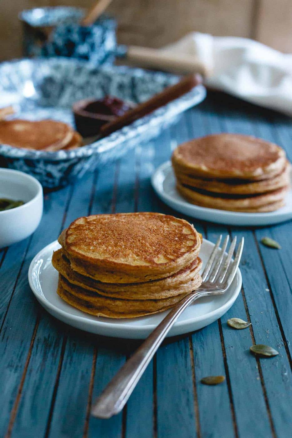 Loaded with added protein from collagen peptides, egg-whites and healthy whole wheat flour, these pumpkin protein pancakes will keep you full all morning long!