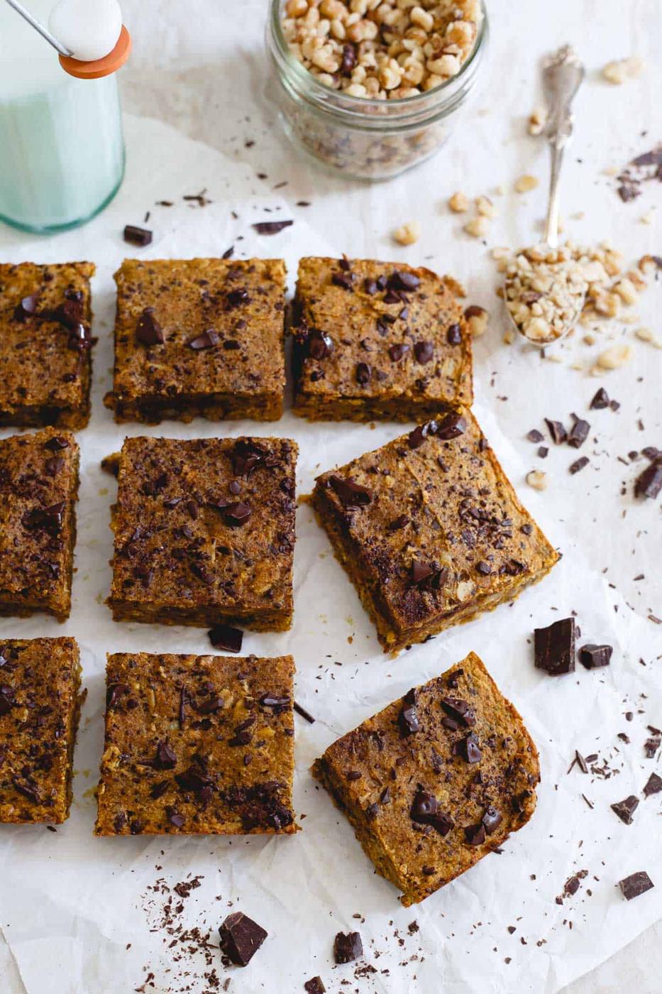 Pour a cold glass of milk and enjoy one of these fall-centric pumpkin chocolate chip bars for a treat!