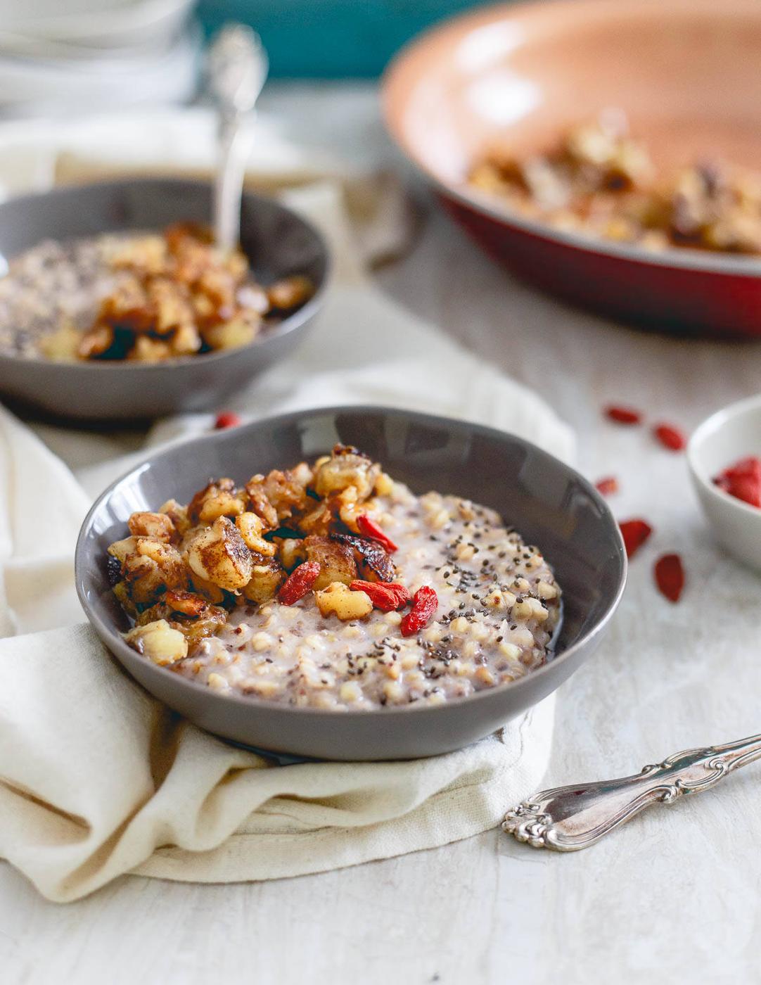 Top warm quinoa cereal (also easily made with buckwheat) with a caramelized banana topping and drizzle with some almond butter for a simple and delicious breakfast.