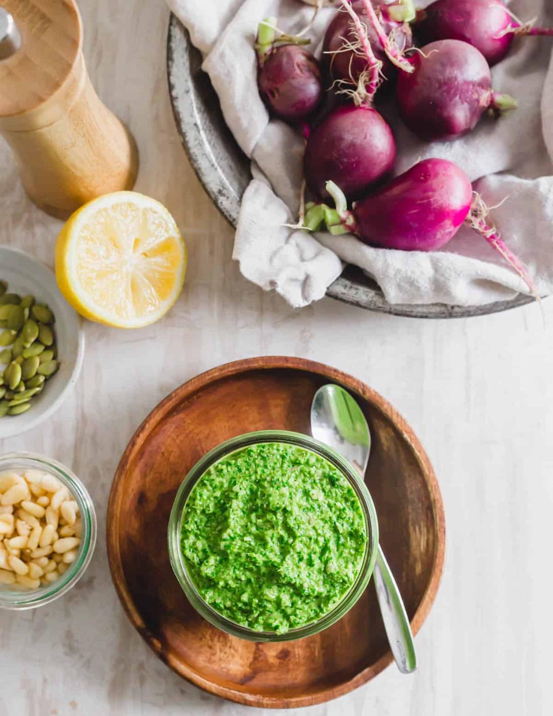How to make pesto using radish greens instead of basil.
