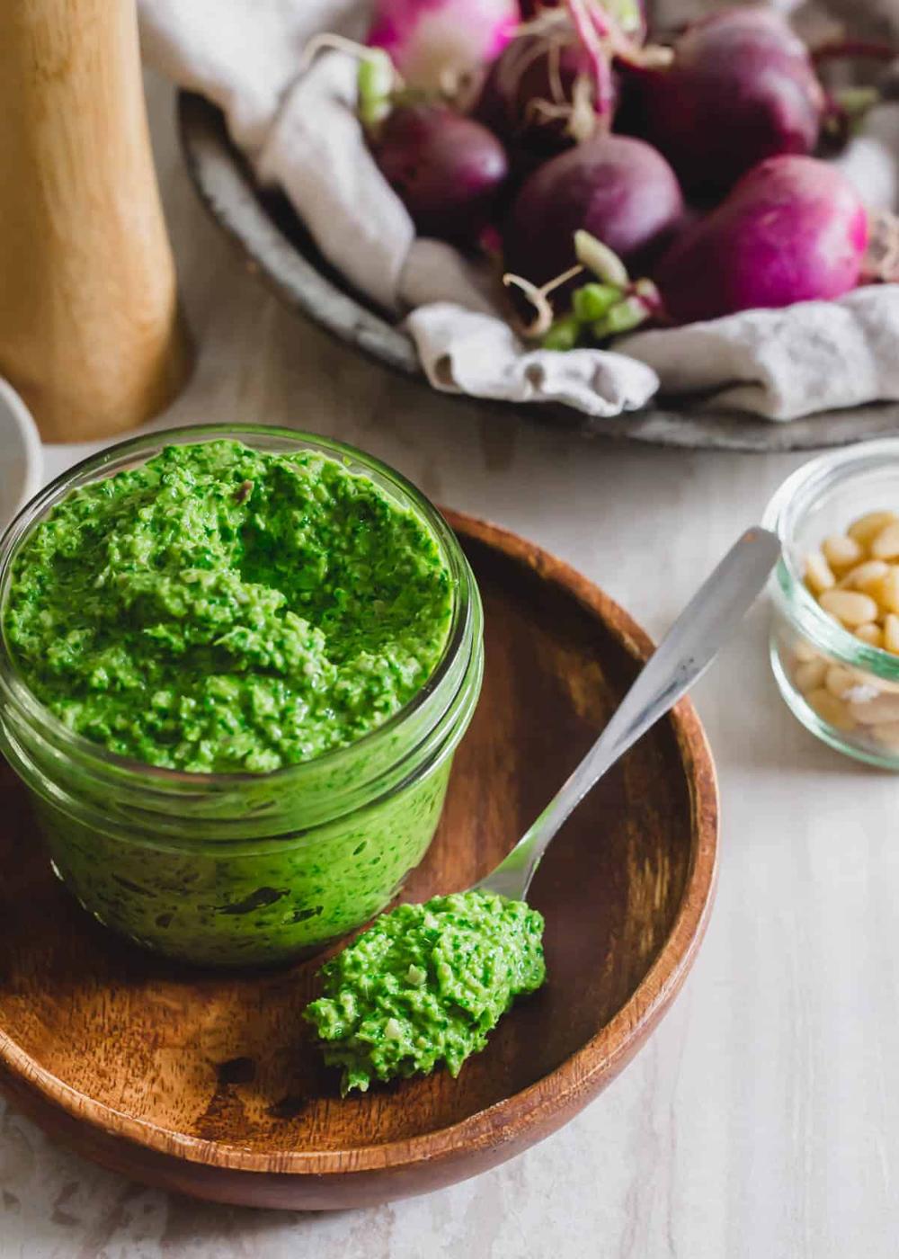 Bright and peppery pesto using fresh radish greens.
