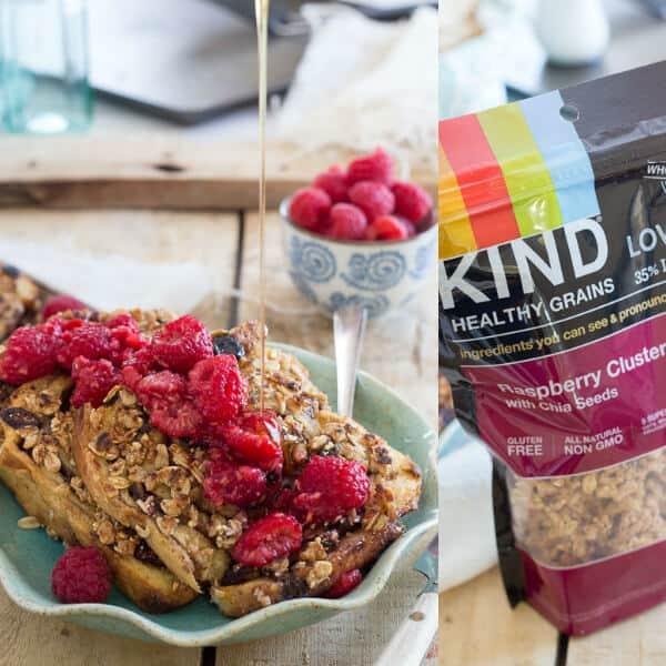 This granola French toast is made with KIND raspberry clusters with chia seeds and topped with a simple raspberry mash.