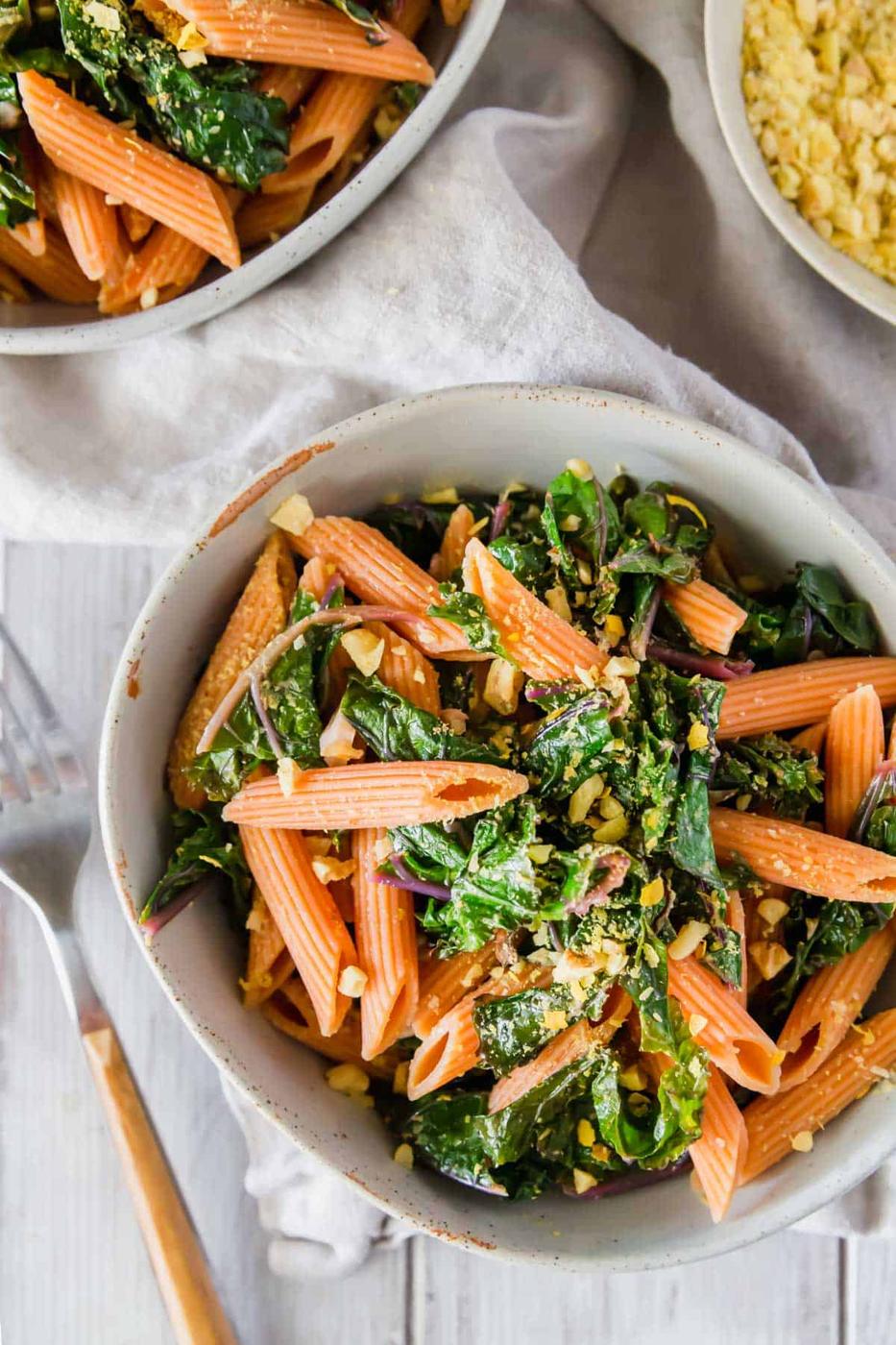 Red Lentil Pasta with Lemon Garlic Greens