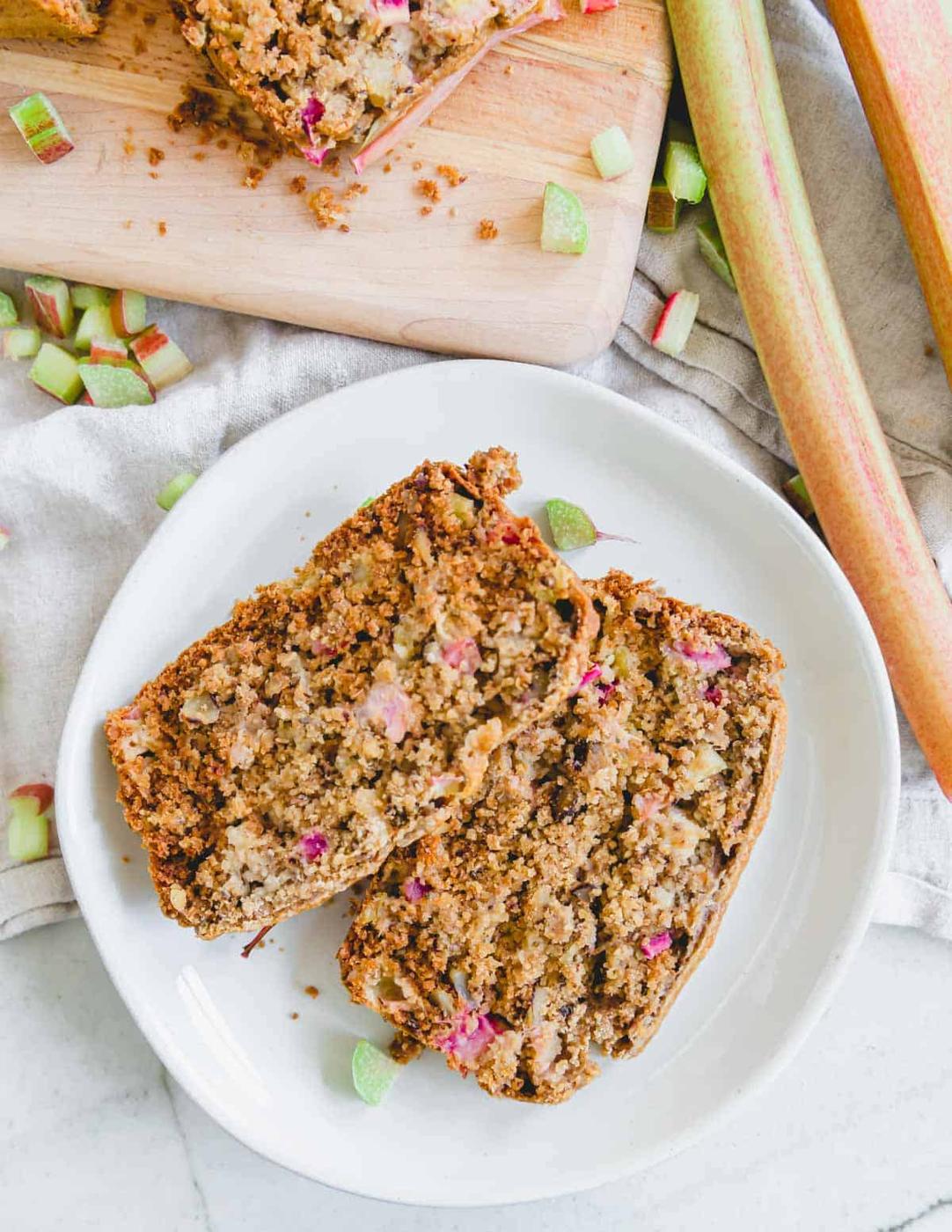 Two slices of rhubarb bread on a plate.