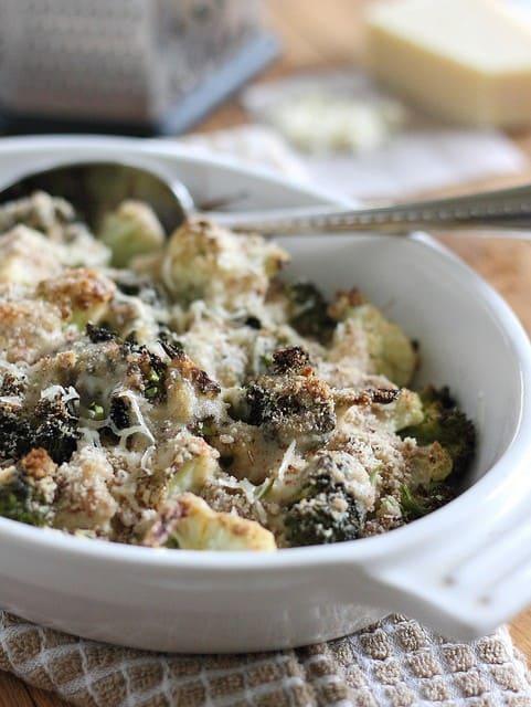 Broccoli cauliflower gratin in a dish ready to serve.