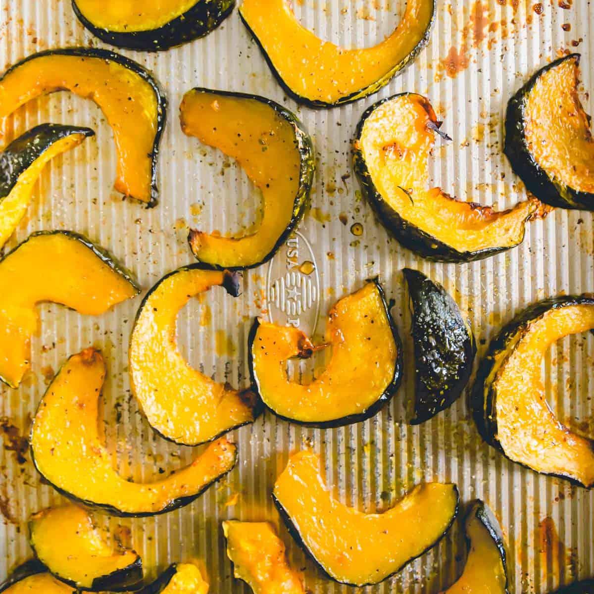 Simple roasted buttercup squash after 40 minutes in the oven with olive oil, salt, pepper and maple syrup.