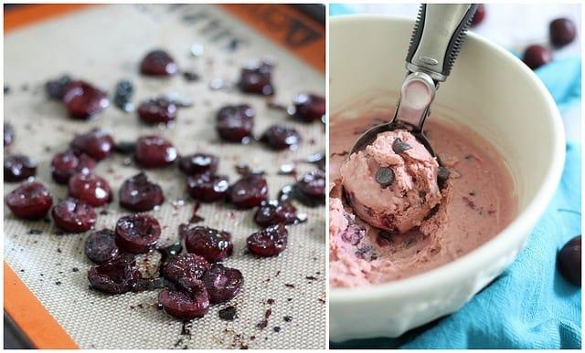 Roasted cherry frozen yogurt with chocolate chips