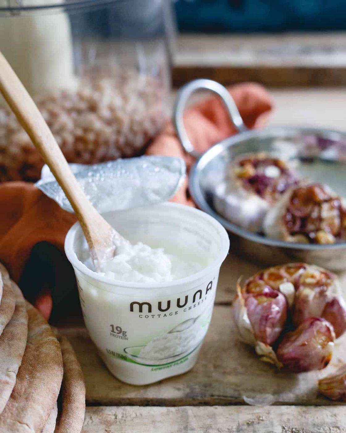Creamy Muuna cottage cheese is the perfect addition to this roasted white bean garlic dip.