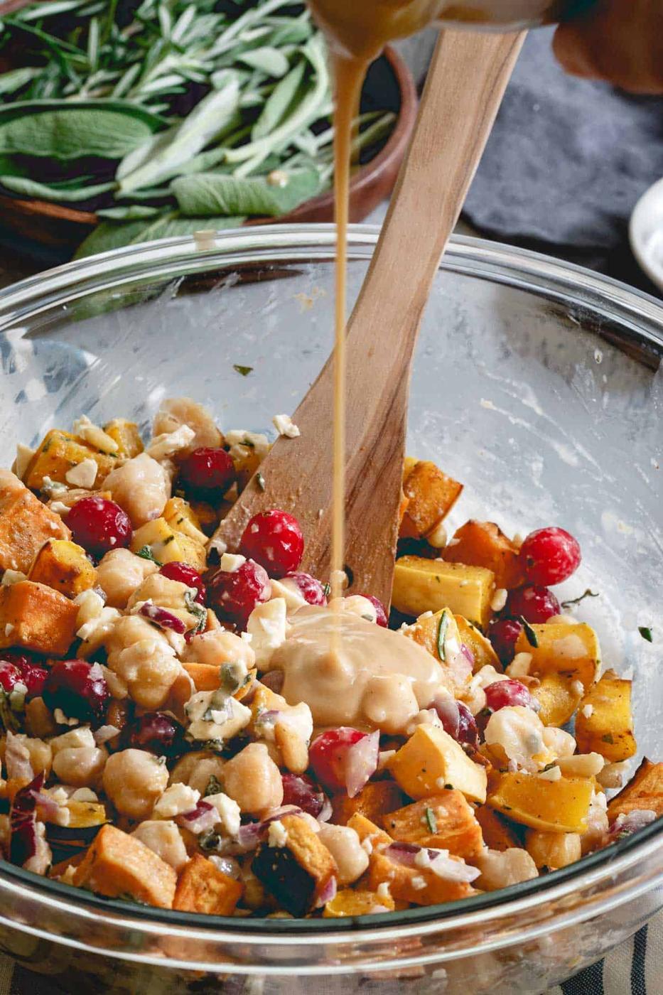 This chickpea salad is tossed with a maple tahini dressing that brings all the fall flavors together.