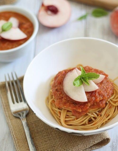Roasted tomato peach sauce with spaghetti