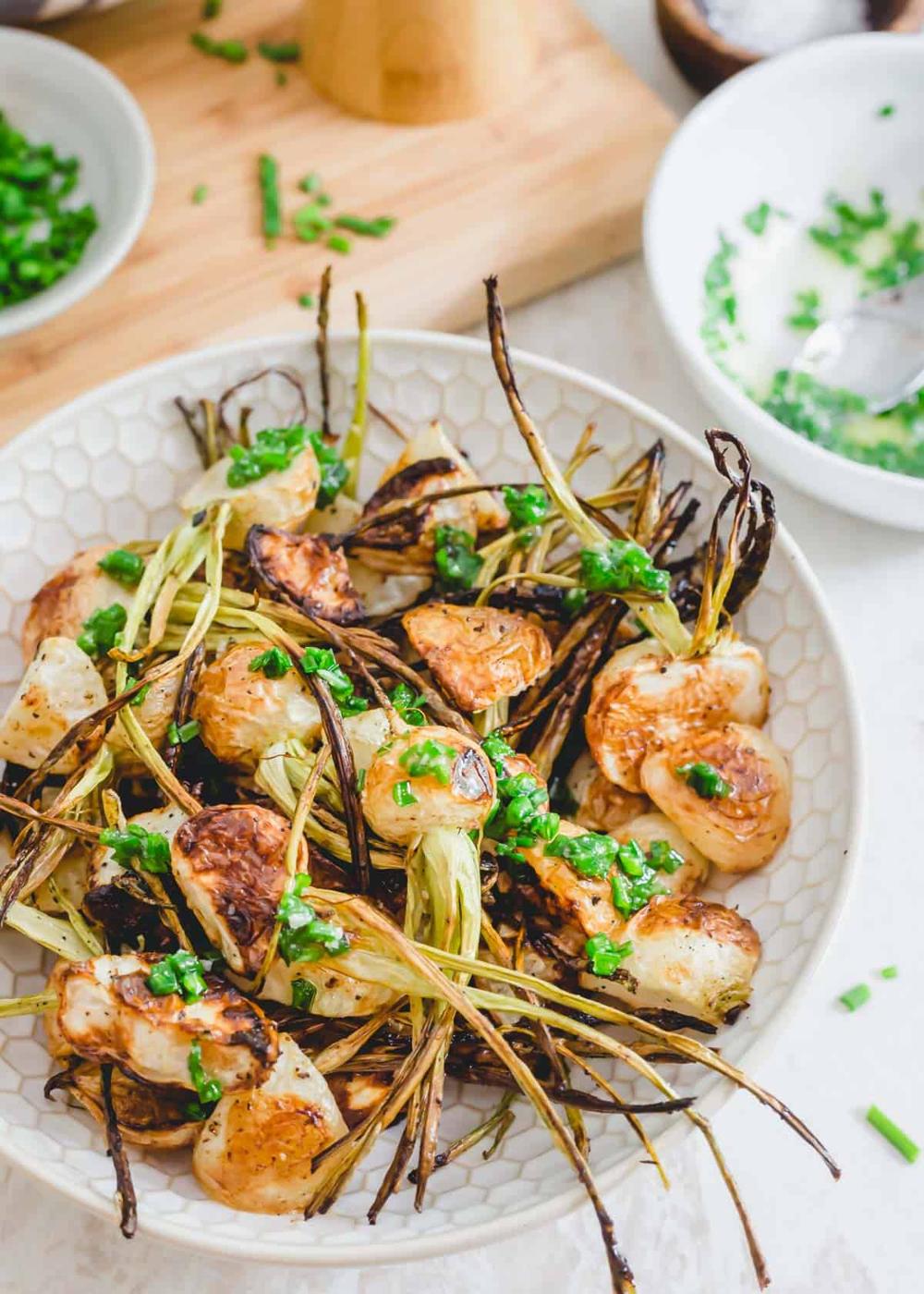 Crispy Roasted Turnips with Chive Butter Sauce