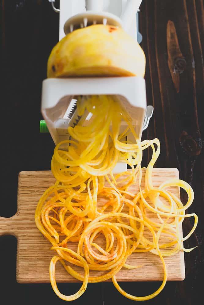 Spiralized golden beets are part of this delicious roasted winter root vegetable salad.