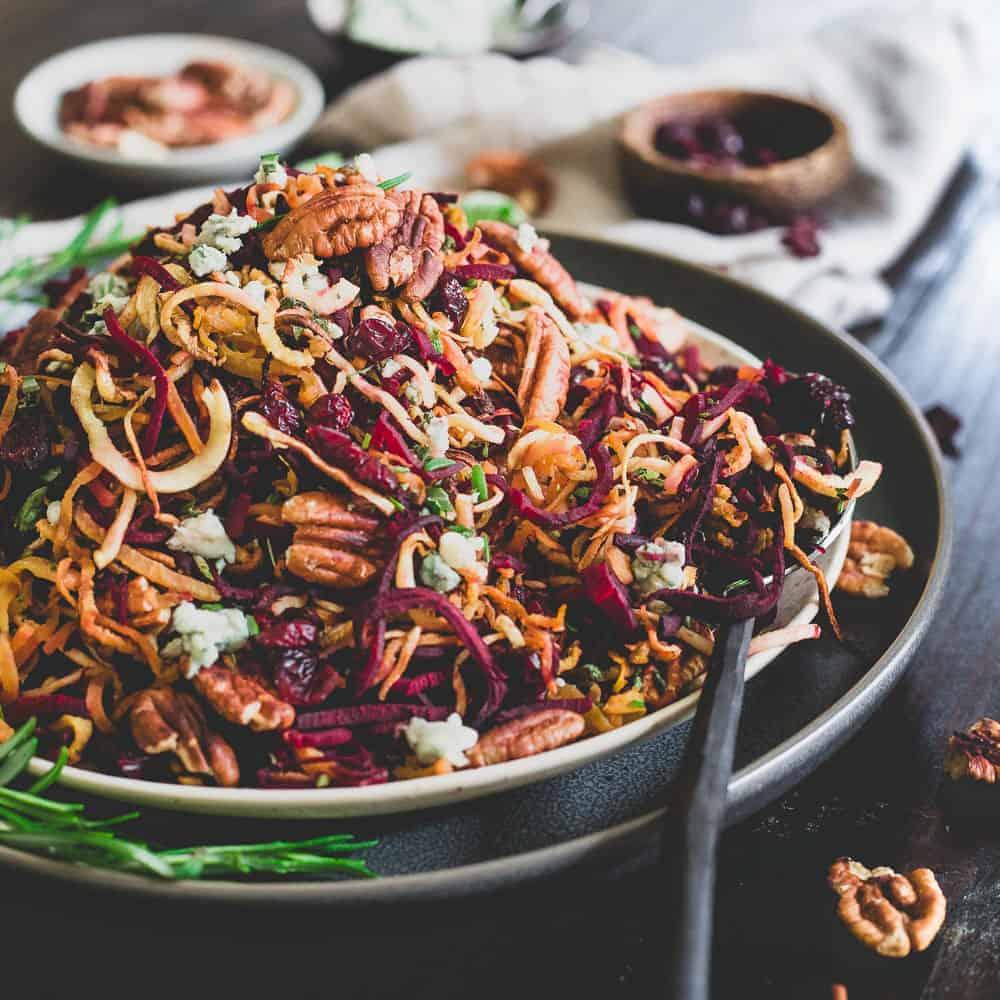 Roasted Winter Root Vegetable Salad with Toasted Pecans, Blue Cheese and Cranberries