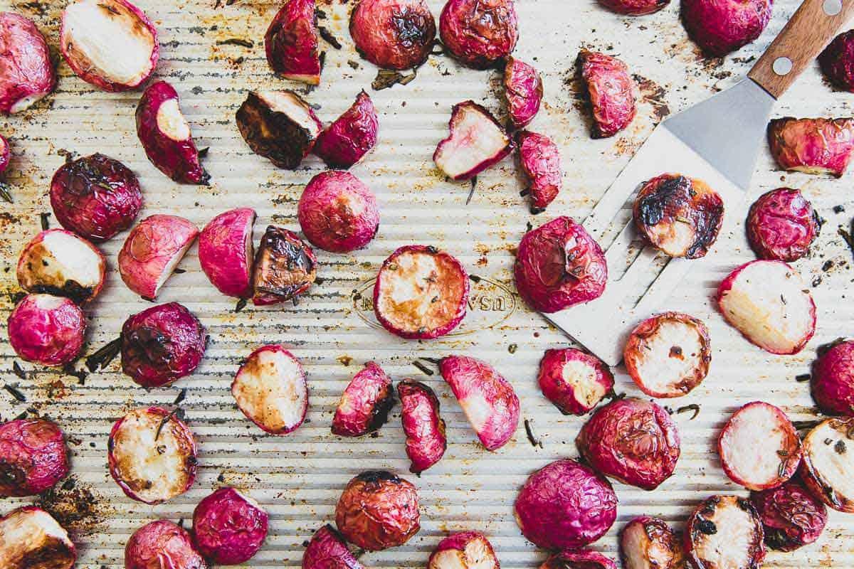 Crispy roasted radishes are a simple spring side dish with fresh rosemary and honey.