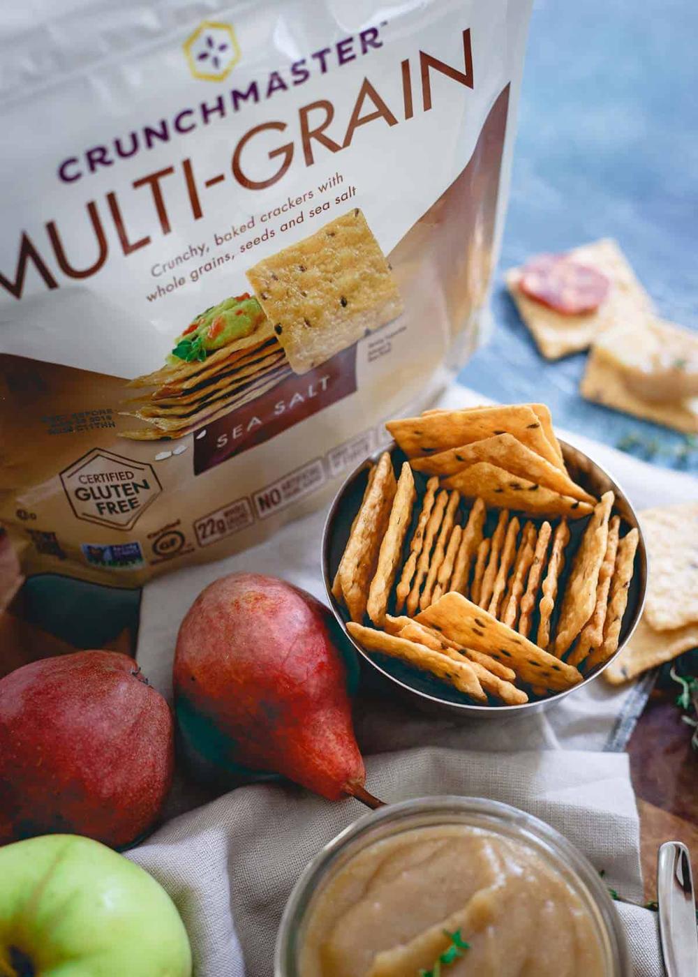 Crunchmaster gluten-free crackers pair perfectly with pear apple butter for a delicious fall snack.