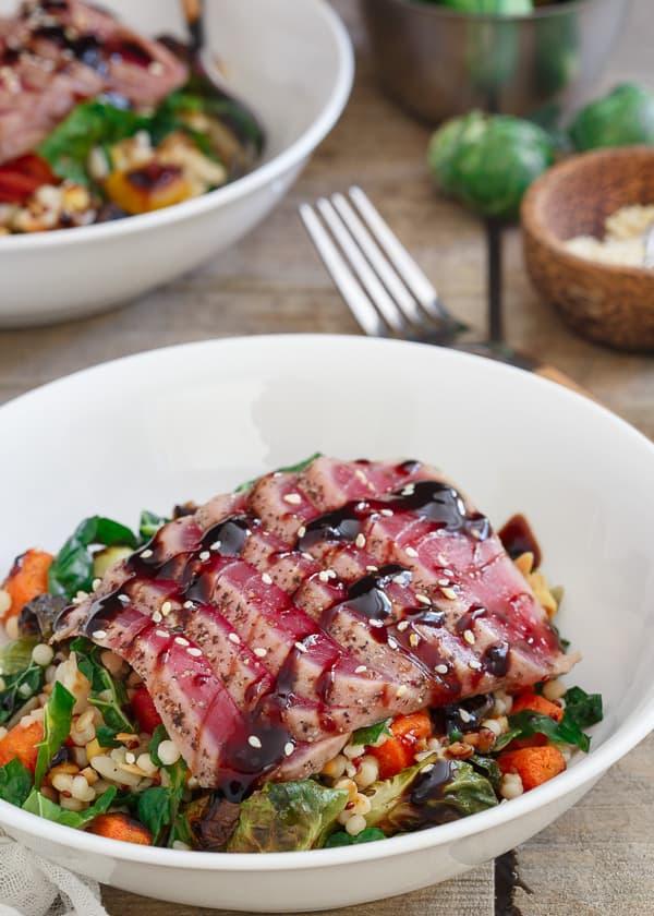 Seared Ahi tuna with roasted winter vegetable Israeli couscous