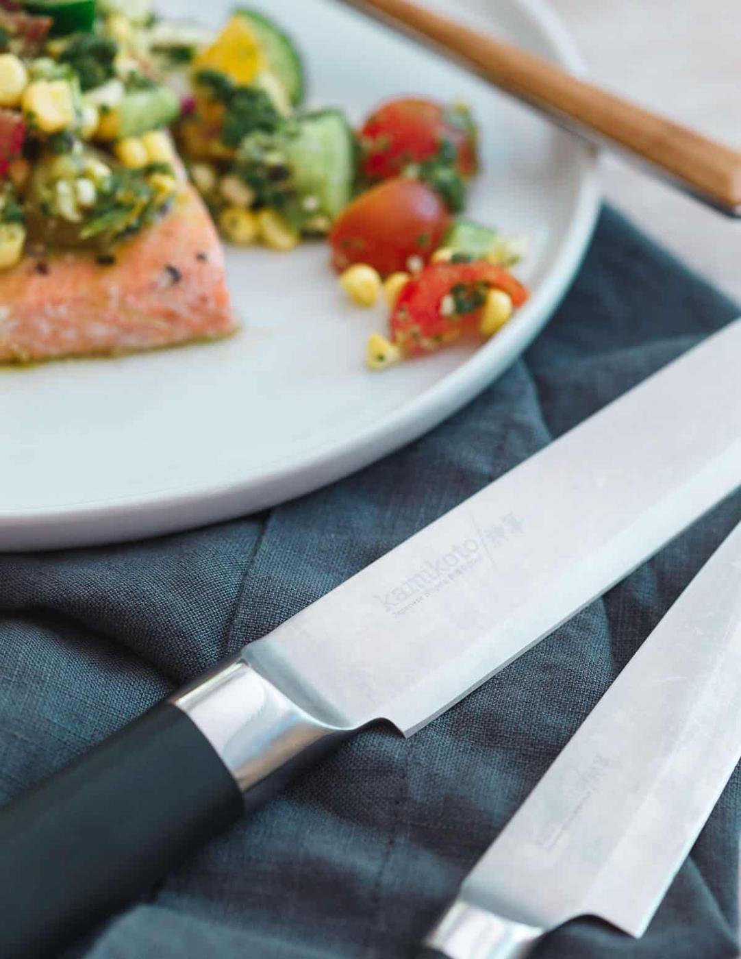 Kamikoto knives are the perfect tool to prepare this seared salmon with tomato corn salsa.