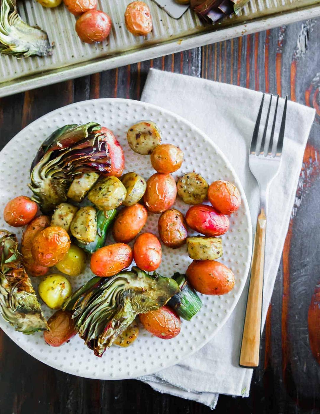 Sheet Pan Sausage and Veggies with Purple Artichokes