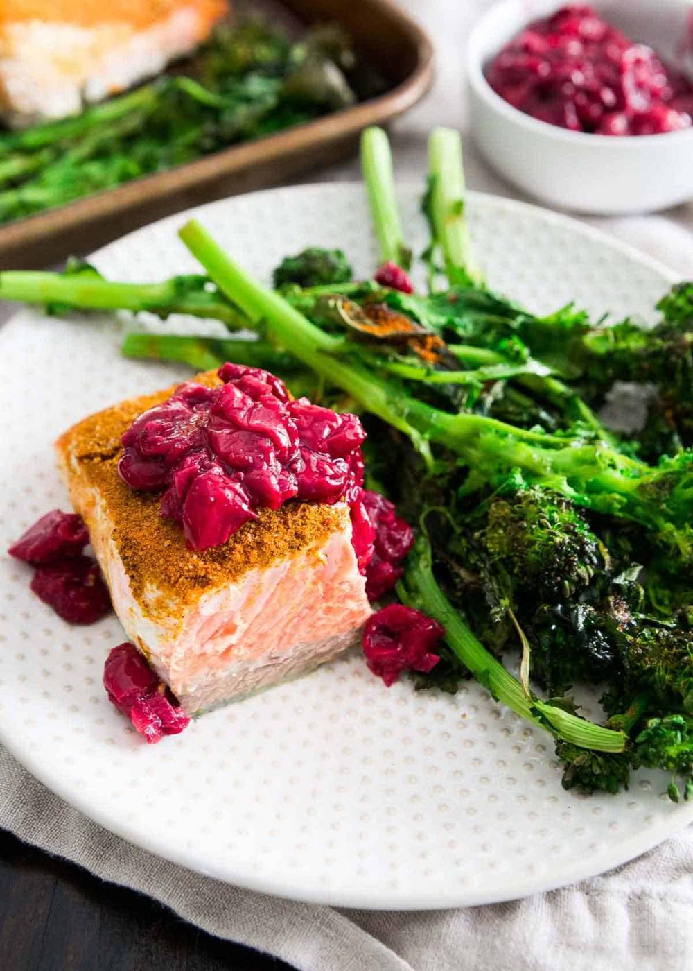 Sheet Pan Turmeric Salmon with Cherry Sauce