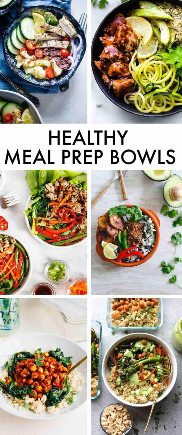 6 Healthy Meal Prep Bowl dinner ideas. From chicken to beef to salmon and chickpeas, there's something for everyone in this roundup!