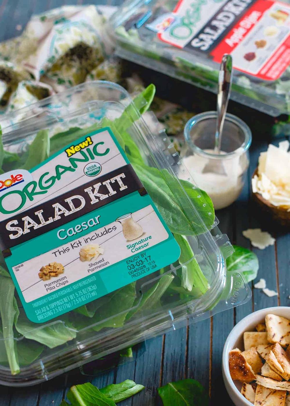 The caesar Dole organic salad kit is perfect for putting together these caesar salad stuffed sweet potatoes.