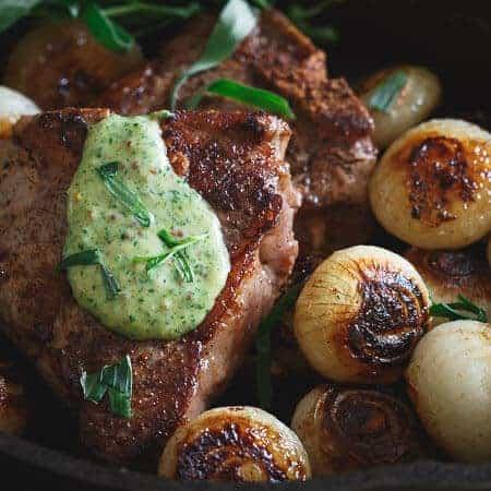 Skillet Lamb Chops and Cipollini Onions with Tarragon Honey Mustard Sauce