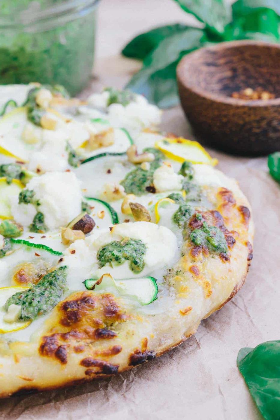 Skillet Zucchini Pesto Pizza is a burst of summer ingredients with each bite.