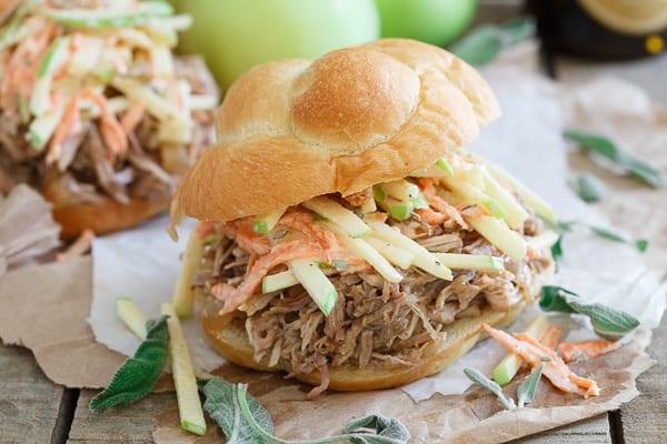 Slow Cooker BBQ Apple Pulled Pork Sandwiches with Apple Carrot Slaw