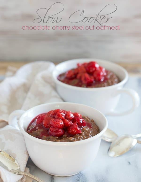 This slow cooker chocolate cherry steel cut oatmeal is waiting for you when you wake up in the morning. Start your day with a delicious comforting bowl for breakfast.